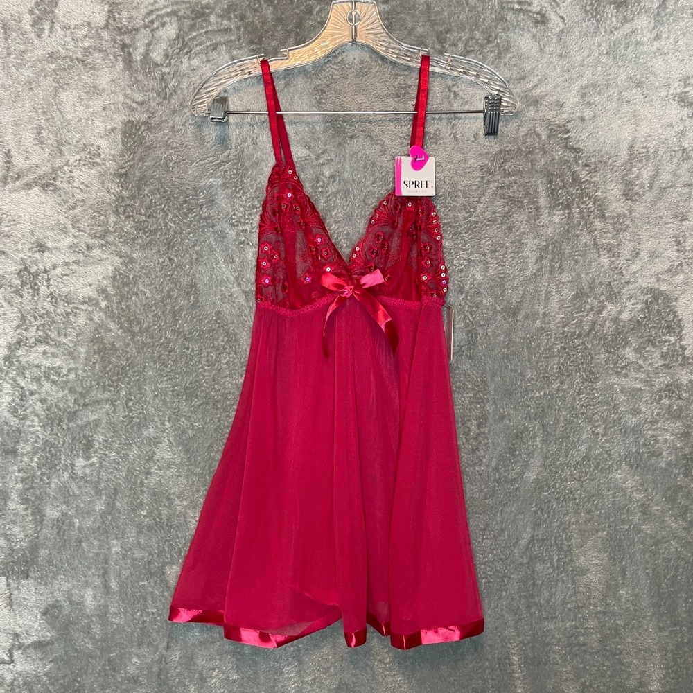 Spree Women Embroidered Sequin Sheer Mesh Babydoll Sexy Lingerie Set L Red